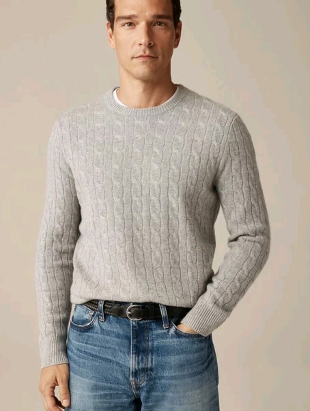 J Crew Mens Cableknit Cashmere Sweater M Heather Gray